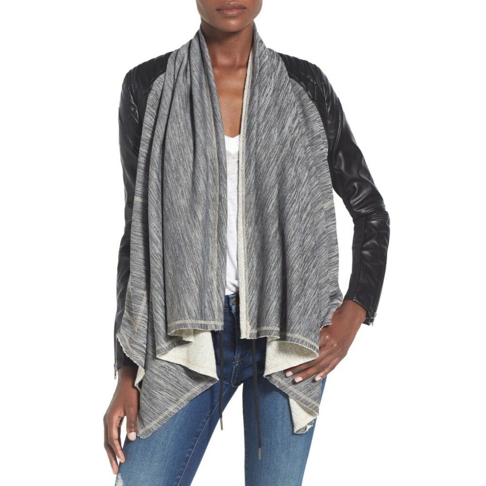 Blank NYC Jacket Womens Small Gray Vegan Faux Leather Sweatshirt Cardigan Moto